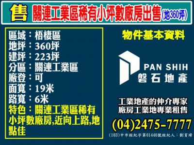 ️關連工業區｜稀有小坪數廠房出售｜地360坪️視意圖